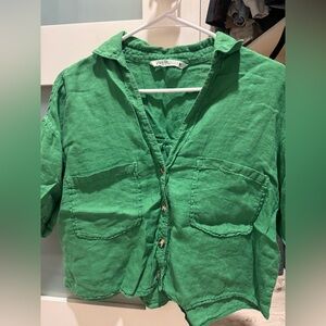 Zara Bright Green Linen Button-Front Top